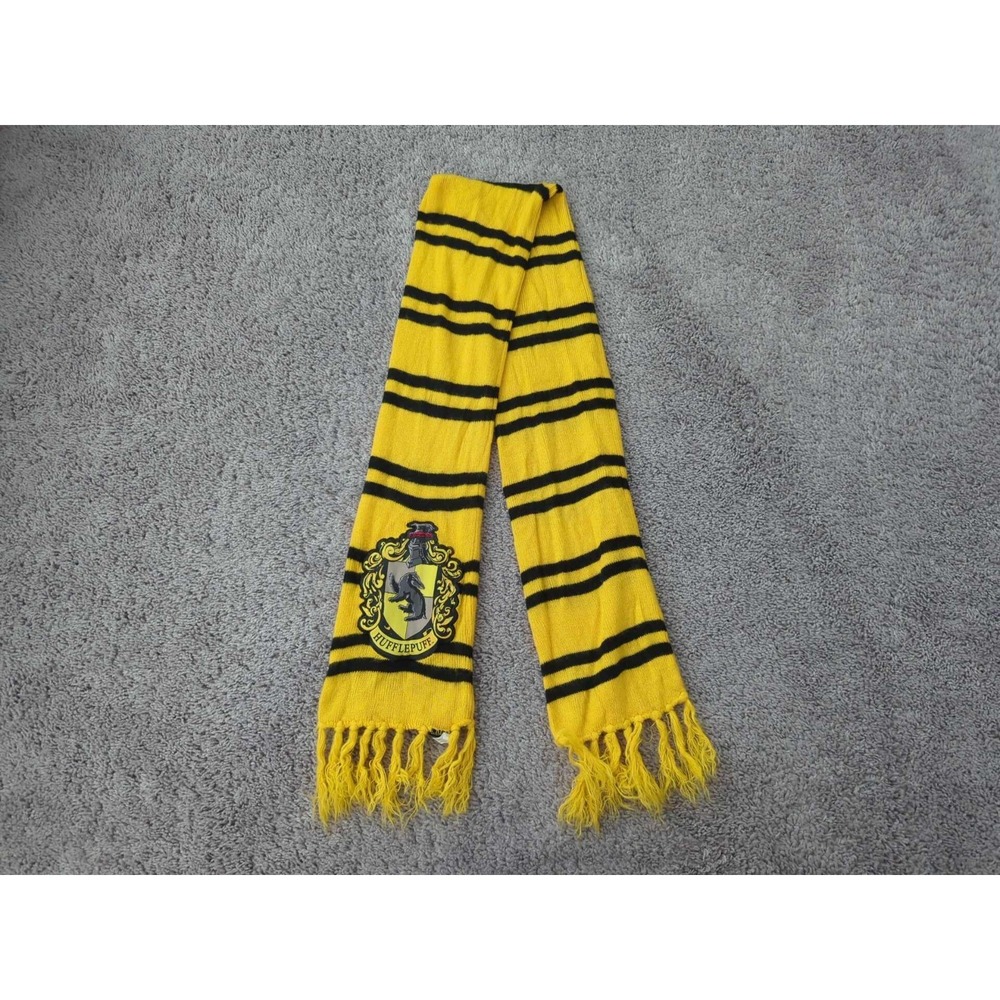 Harry Potter Hufflepuff Scarf Mens 60" Yellow Black Striped House Crest Patch